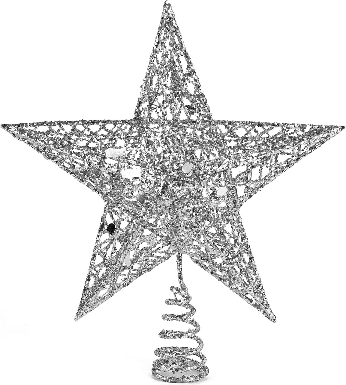 Silver Star Tree Topper - Christmas Silver Glitter Sparkle Star Ornament